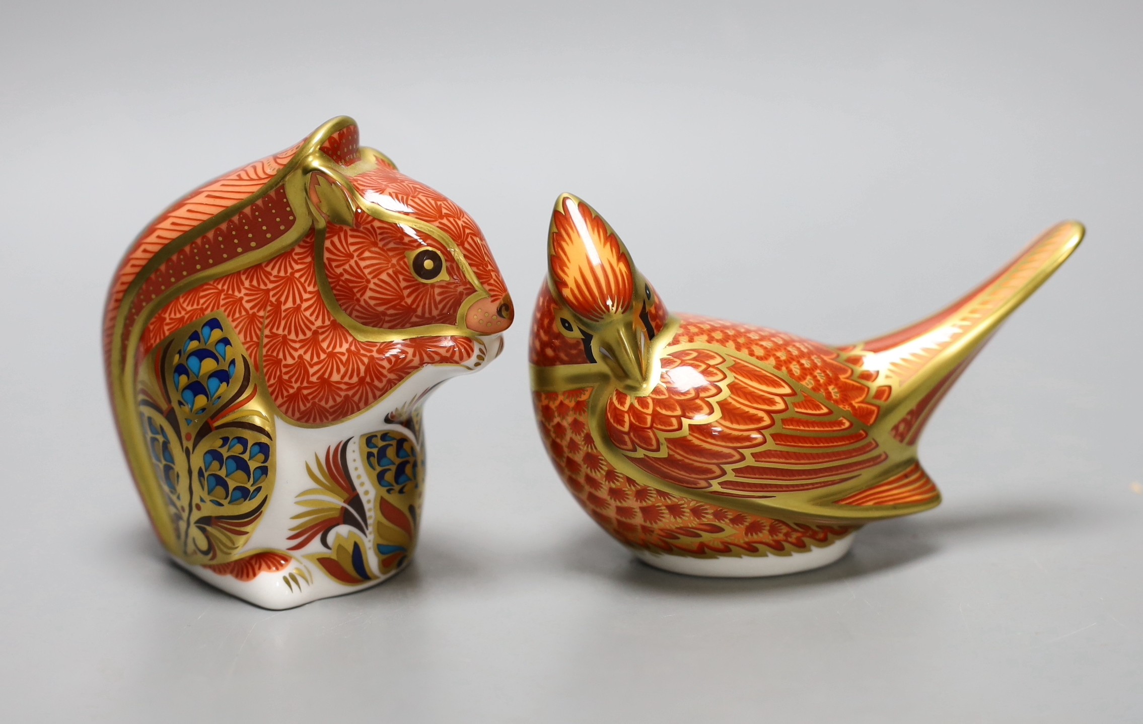 Two Royal Crown Derby paperweights - Red Squirrel, gold stopper, boxed, no certificate and American Cardinal, gold stopper, boxed, no certificate